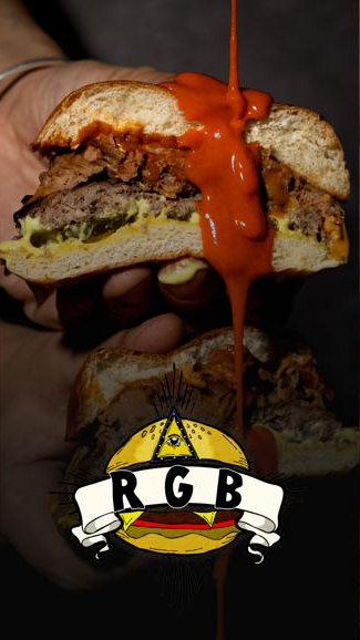 Really Good Burgers: smash burger dripping with hot sauce, with the RGB logo